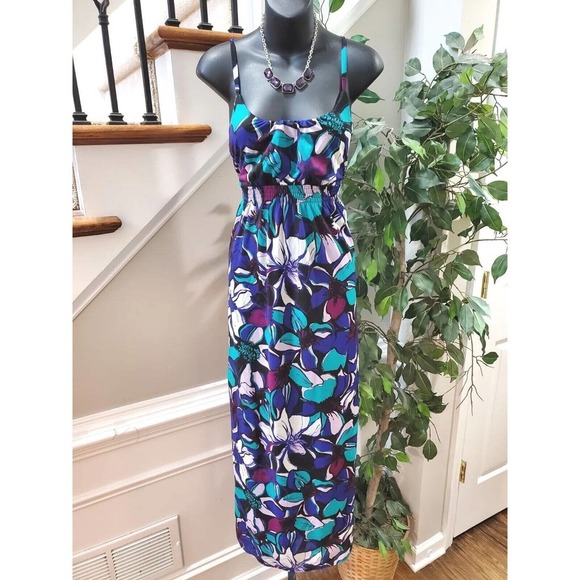 Elle Dresses & Skirts - Elle Women's Blue Floral Polyester Scoop Neck Sleeveless Long Maxi Dress Small